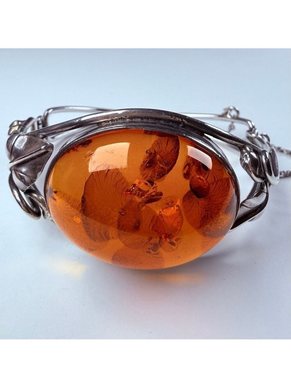 31.75 CT Baltic Honey Amber Leaves & Vines 925 Sterling Silver VTG Bracelet MCM